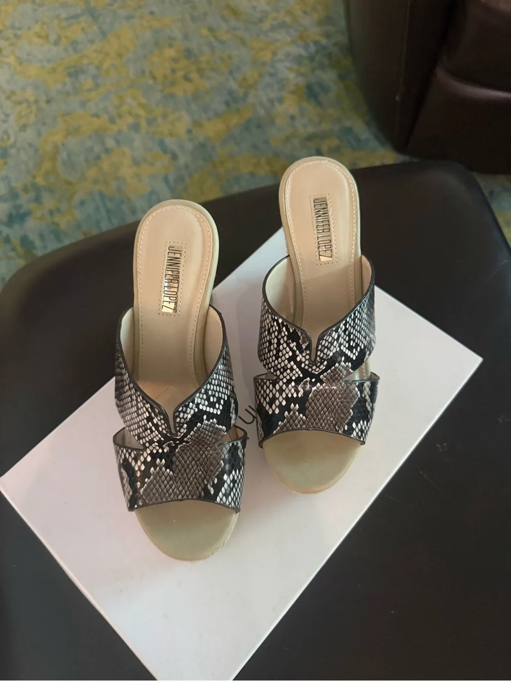 Jennifer Lopez Snake-Print Wedge Espadrille Slides in Black and Beige